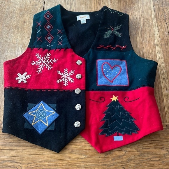 Talbots Women’s Wool Blend Holiday Vest Tree Holly Snowflake Star - Picture 2 of 4